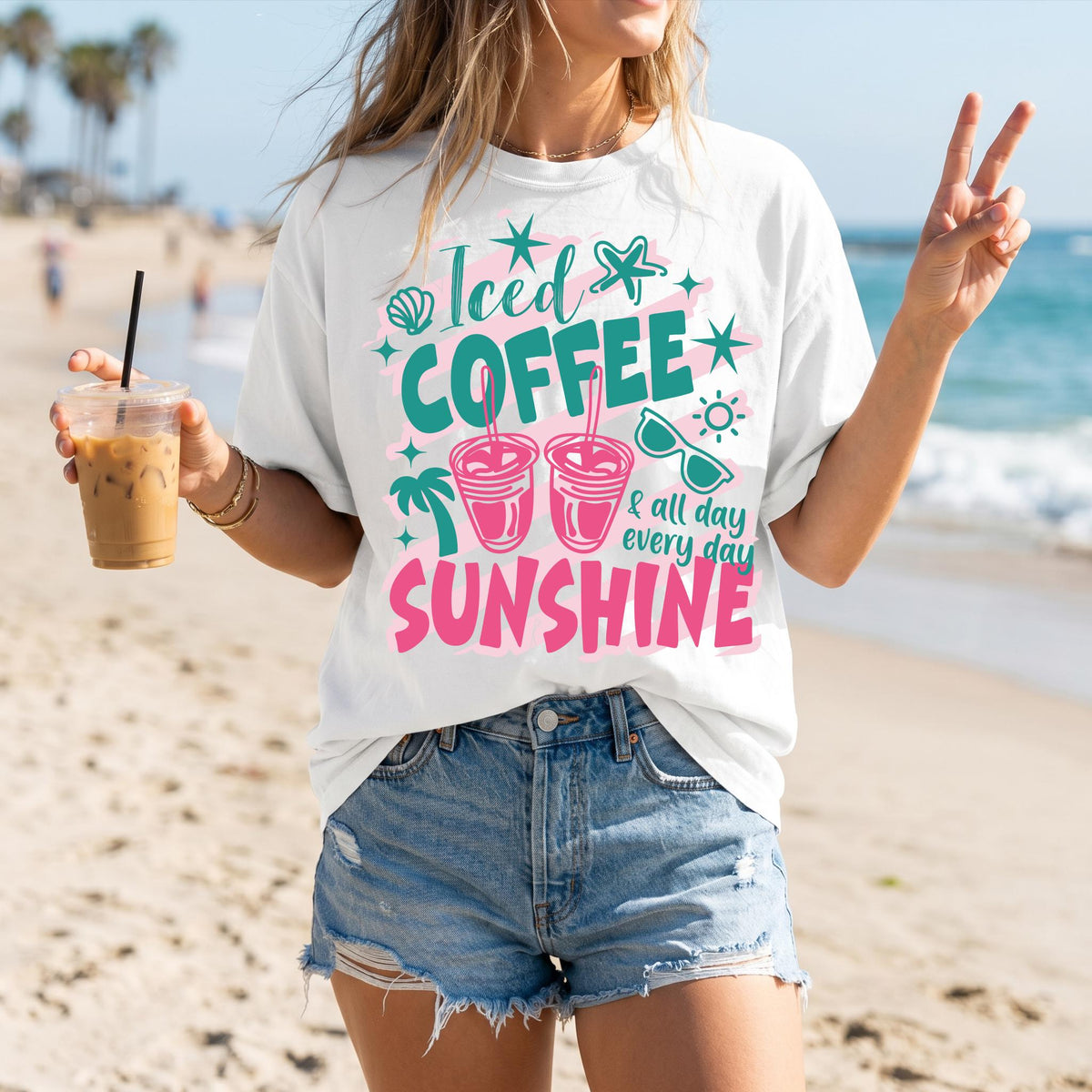 Comfort Colors® Iced Coffee and Sunshine Shirt, Beach Vacation T-Shirt, Summer Holiday Tee