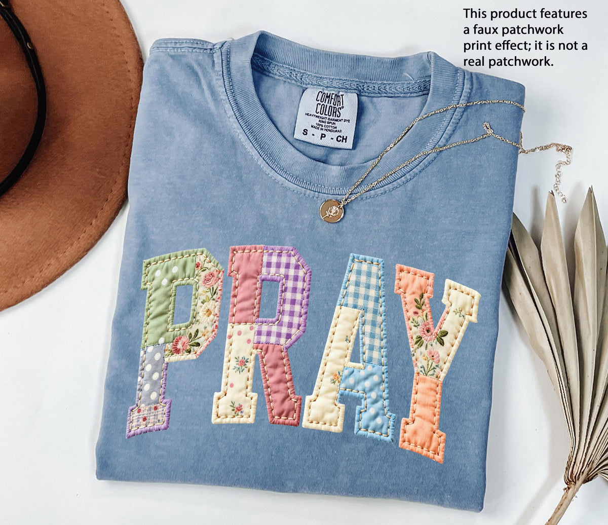 Floral Faux Patchwork Pray Graphic Shirt