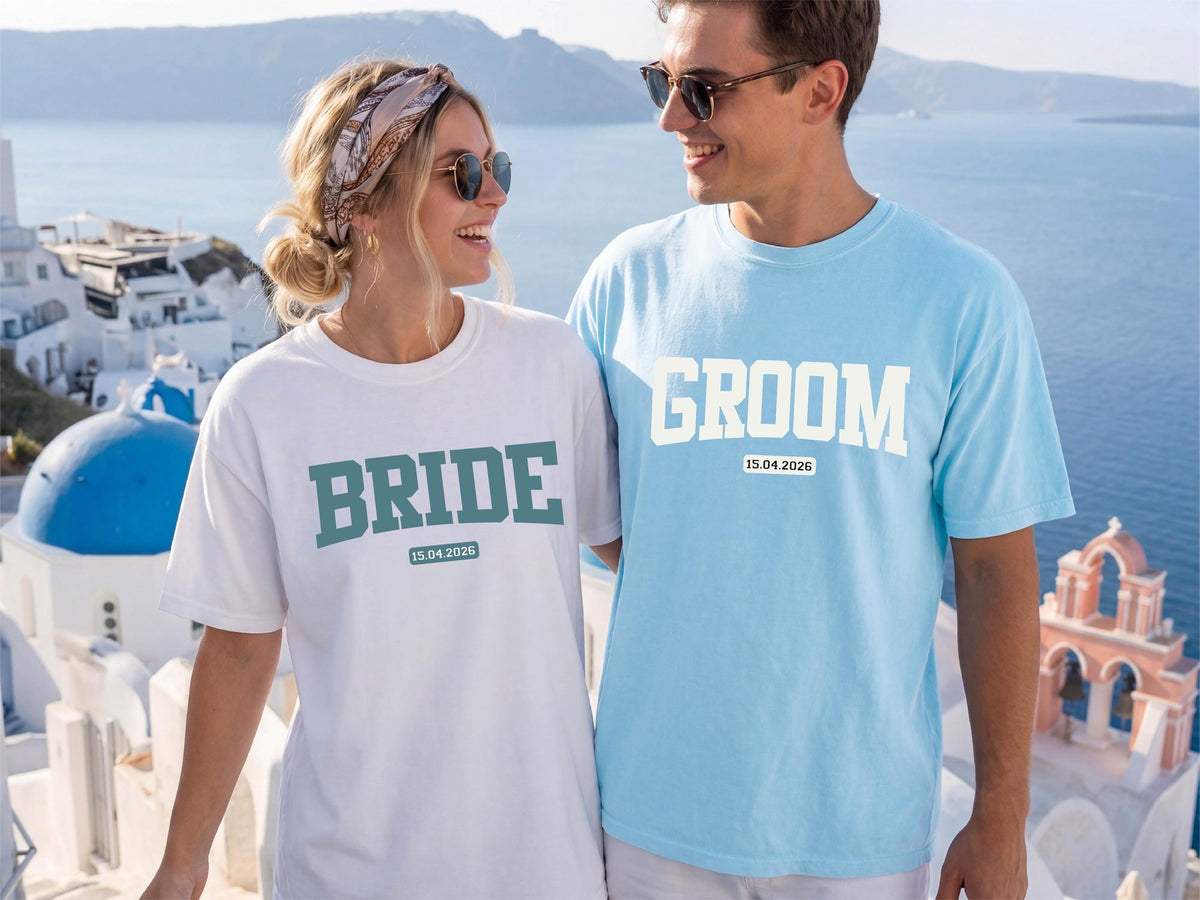 Custom Bride and Groom Comfort Colors® Shirts, Personalized Wedding Party Tee, Honeymoon Couple Matching Gift