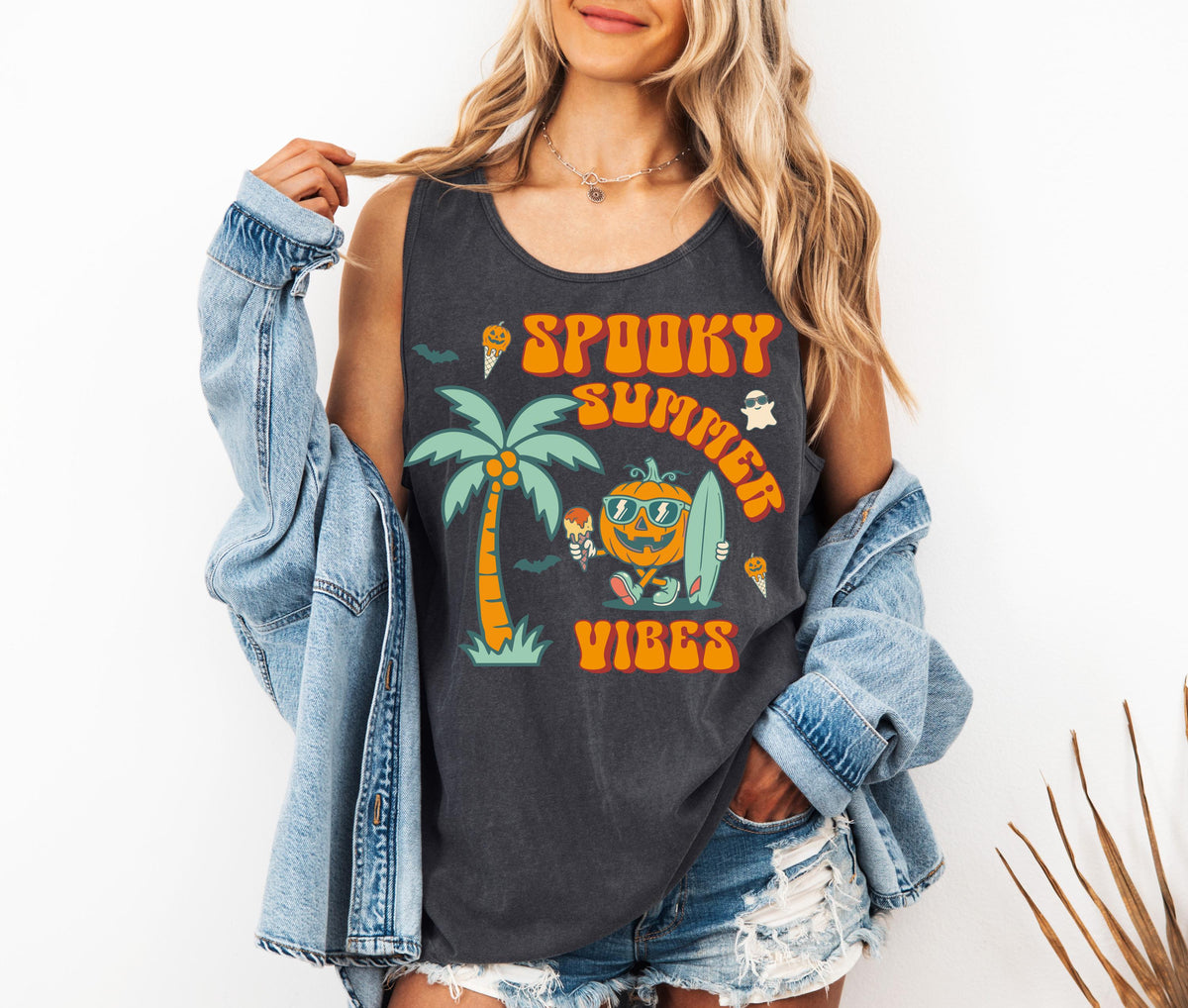 Comfort Colors® Spooky Summer Vibes Tank Top, Halloween Pumpkin Shirt, Summer Goth T-Shirt