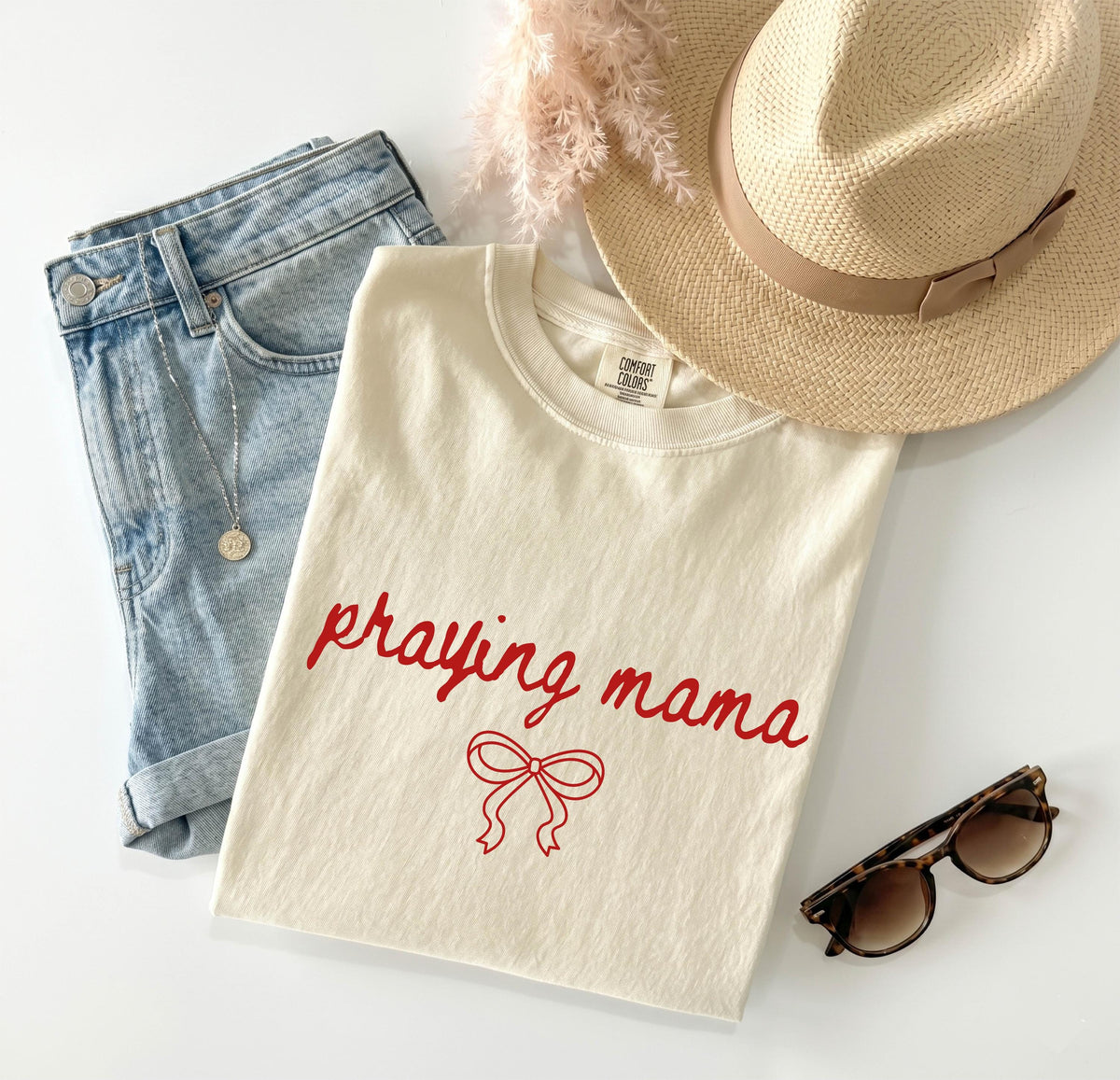 Praying Mama Shirt, Comfort Colors® Christian Mom Tee, Religious Mama Gift, Coquette Bow Faith Tees