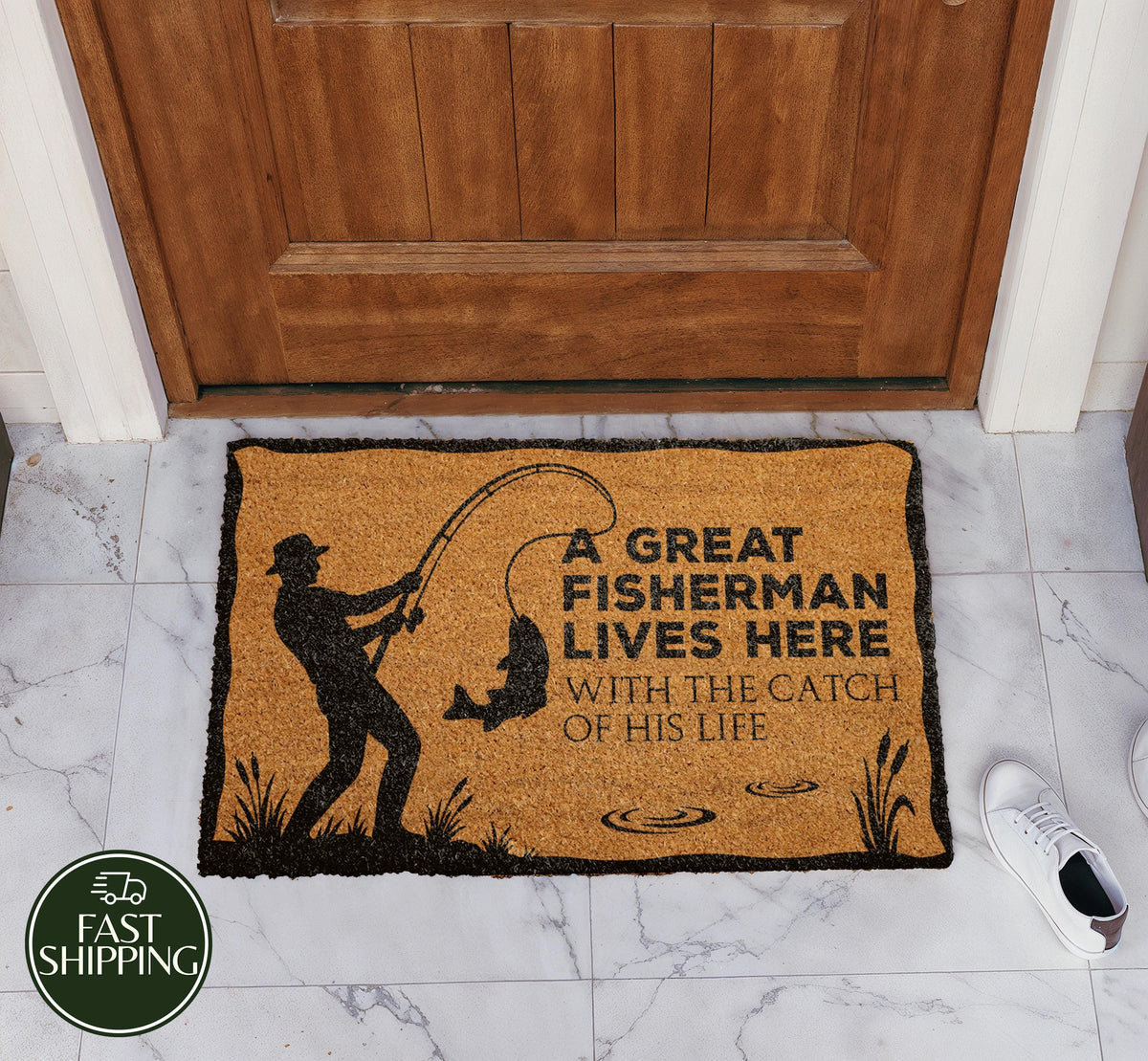 A Great Fisherman Lives Here Doormat, Funny Lake House Welcome Mat, Husband Fishing Hobby Gift
