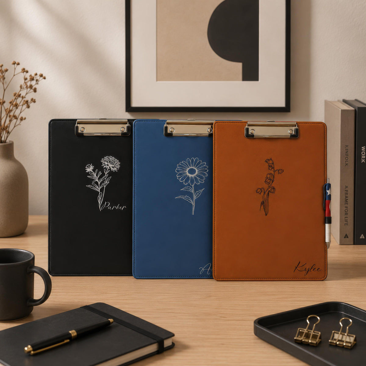 Custom Engraved Vegan Leather Clipboard, Birth Flower Design