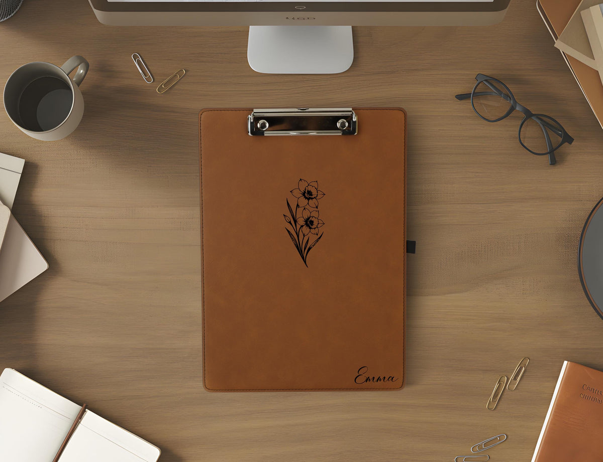 Custom Engraved Vegan Leather Clipboard, Birth Flower Design