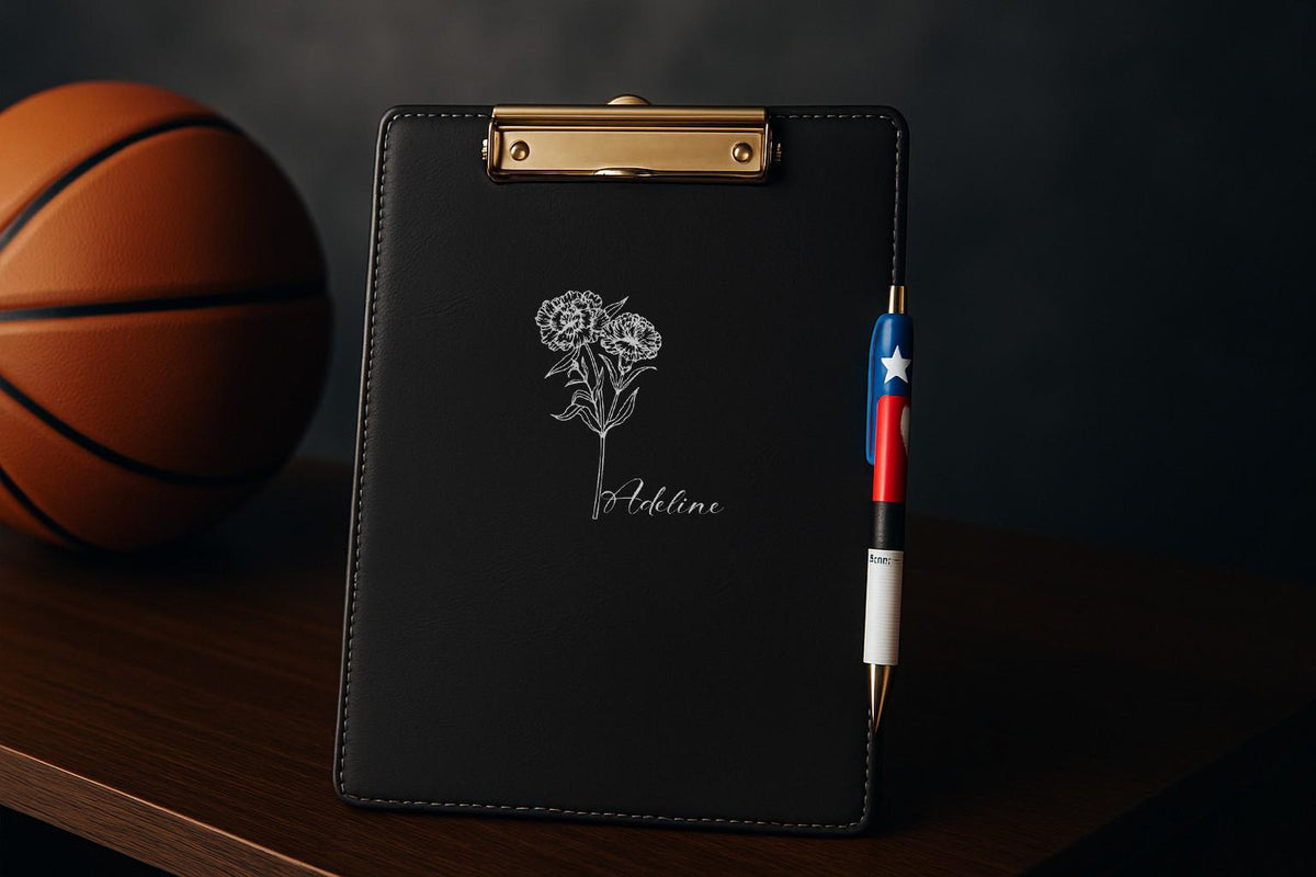 Custom Engraved Vegan Leather Clipboard, Birth Flower Design