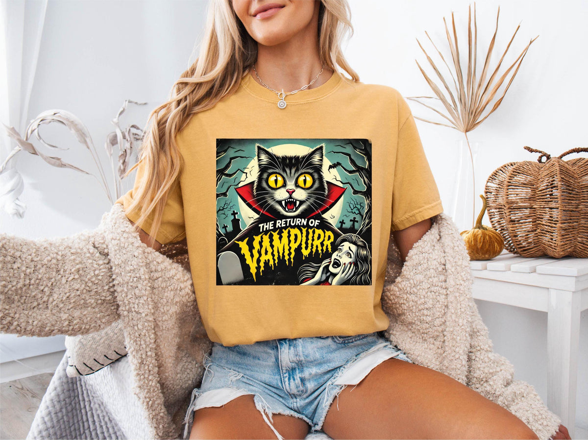 Comfort Colors® Funny Halloween Cat Shirt, Vampurr Cat Horror Tee, Retro Black Cat T-shirt, Spooky Cat Lover Gift