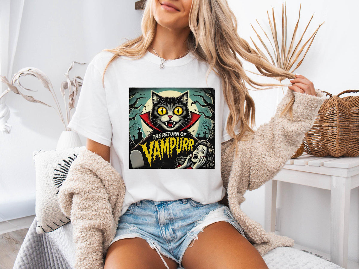Comfort Colors® Funny Halloween Cat Shirt, Vampurr Cat Horror Tee, Retro Black Cat T-shirt, Spooky Cat Lover Gift