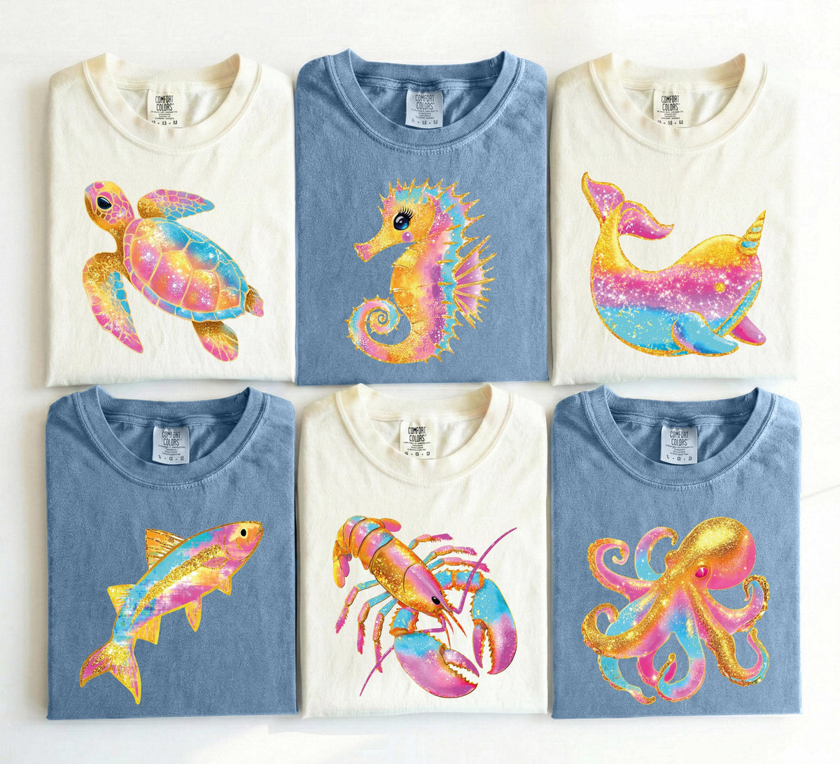 Comfort Colors® Preppy Summer T-Shirt, Colorful Starfish Sea Turtle Shirt, Beach Vacation Tees