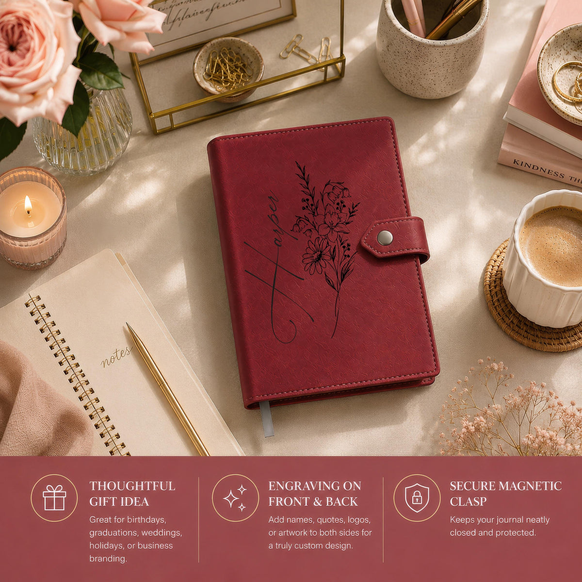 Personalized Vegan Leather Journal, Engraved Floral Notebook