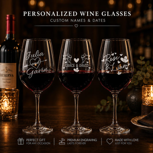 Personalized Engraved Wine Glasses, Custom Couple Anniversary Gift