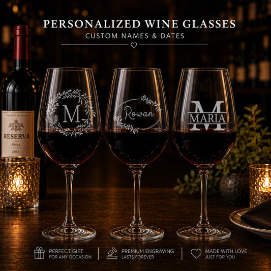 Personalized Engraved Wine Glass, Custom Monogram Initial Design