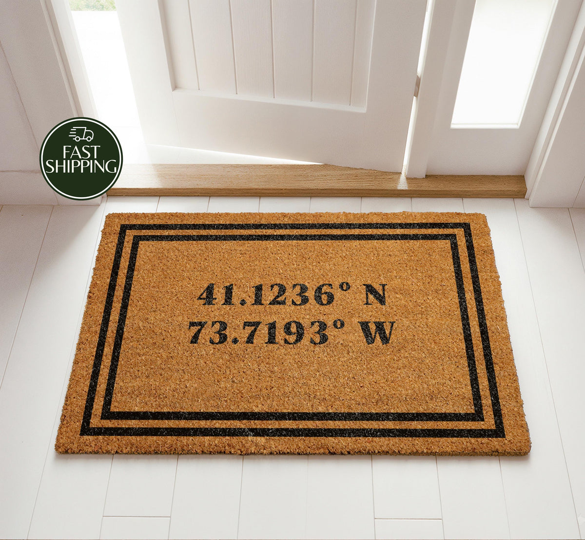 Personalized GPS Coordinates Doormat, Minimalist Latitude Longitude Welcome Mat