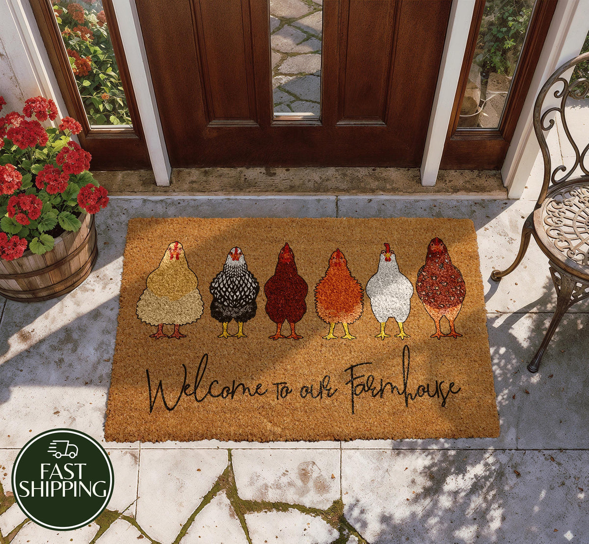 Welcome to Our Farmhouse Chicken Doormat, Funny Country Home Porch Mat, Farmer Gift