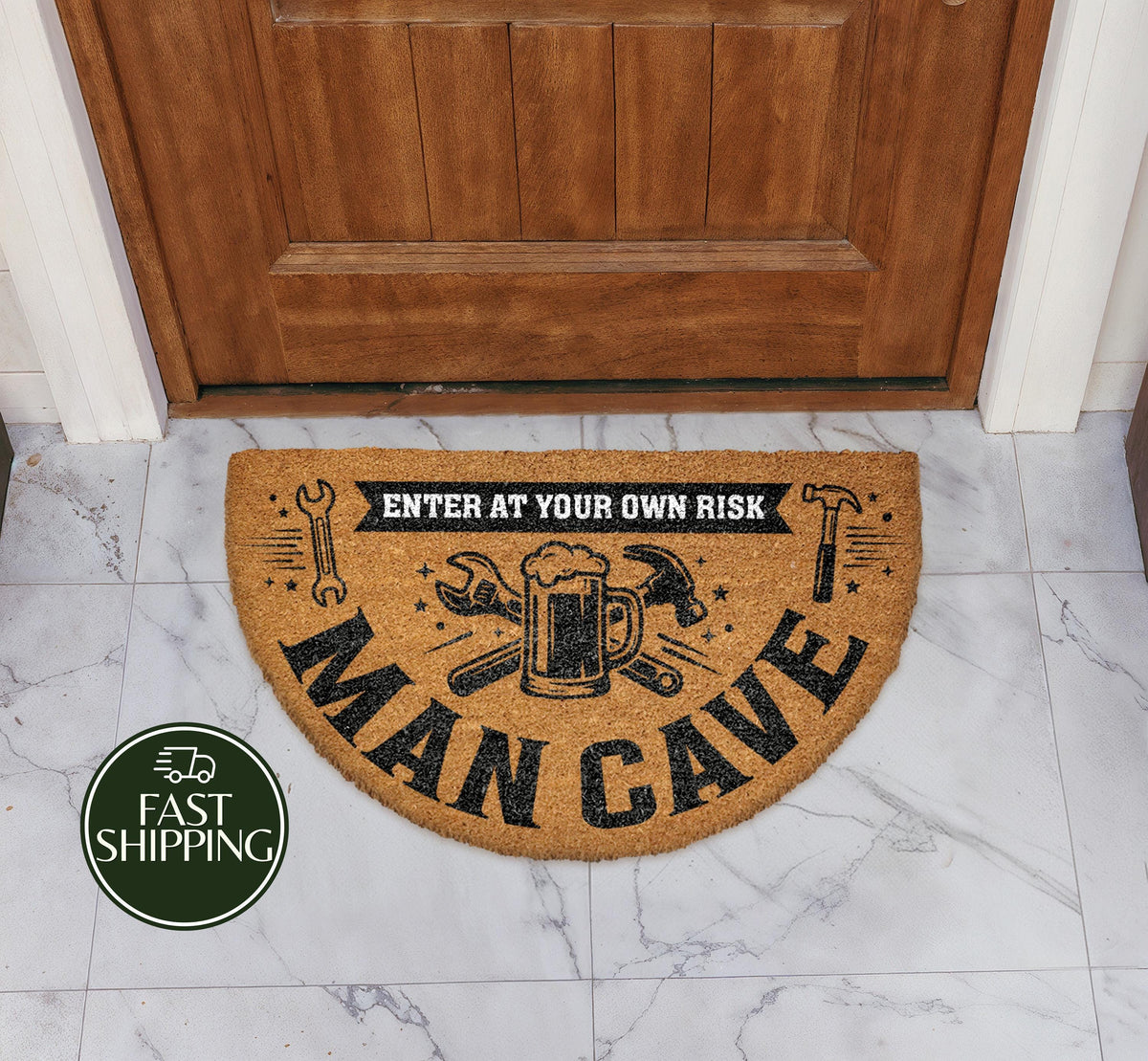 Funny Man Cave Half Moon Doormat, Enter At Your Own Risk Garage Welcome Mat