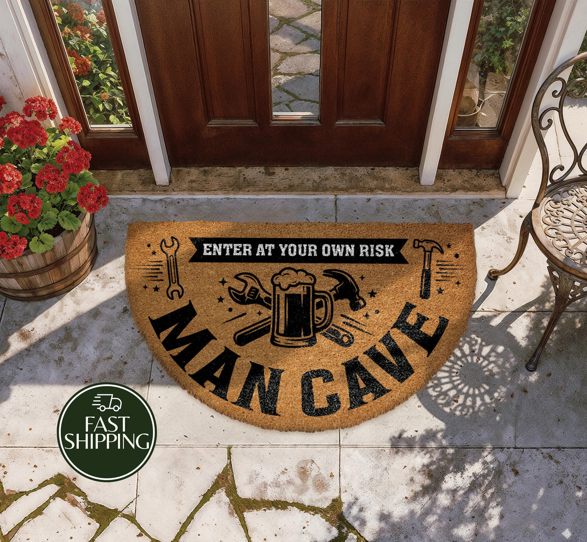 Funny Man Cave Half Moon Doormat, Enter At Your Own Risk Garage Welcome Mat