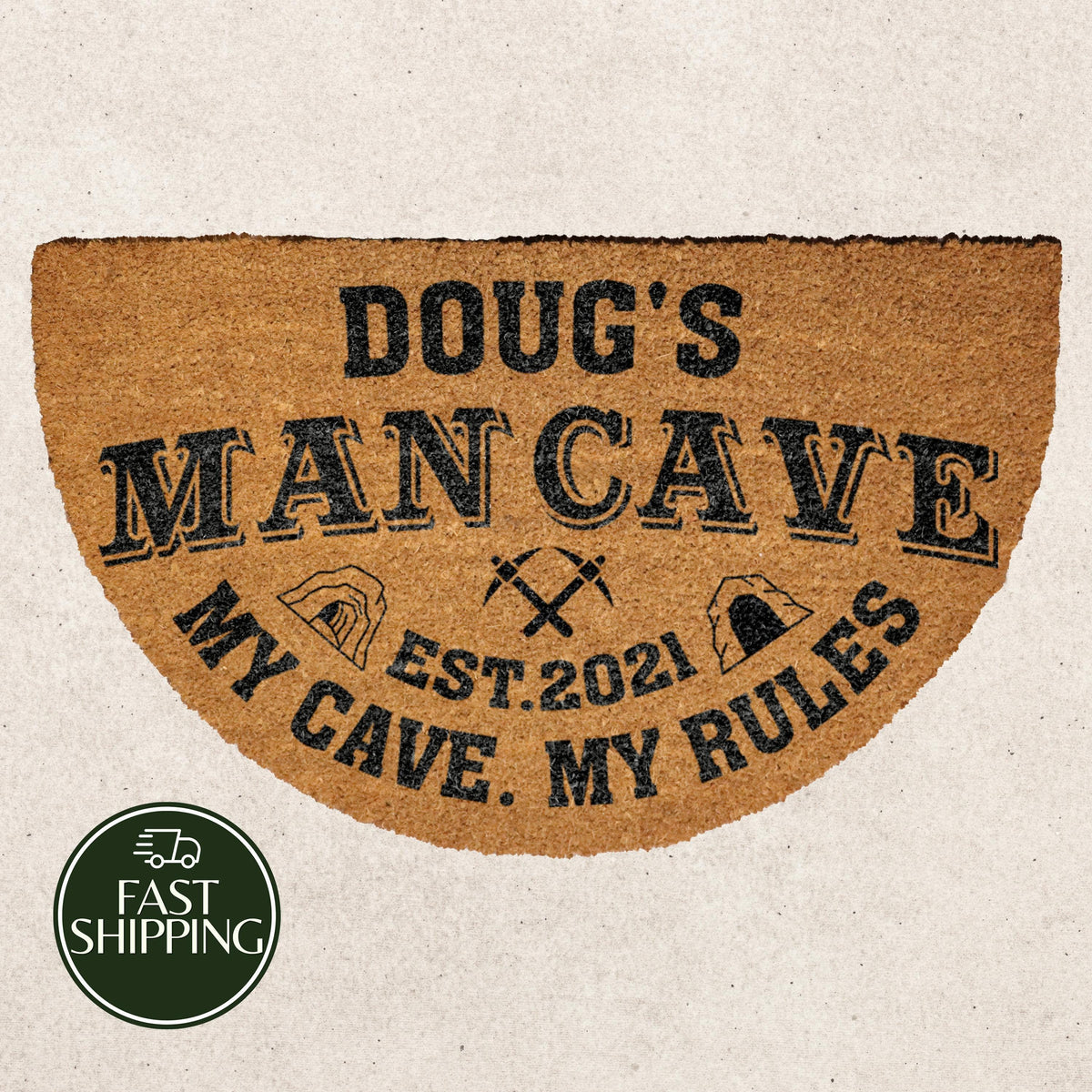 Custom Name & Date Man Cave Welcome Mat, My Cave My Rules Half Moon Doormat