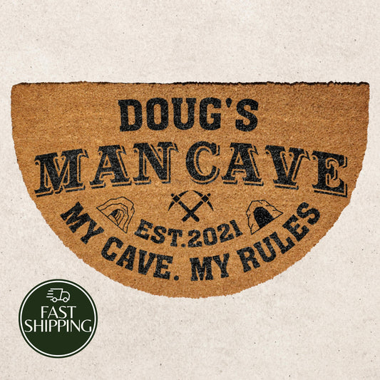 Custom Name & Date Man Cave Welcome Mat, My Cave My Rules Half Moon Doormat