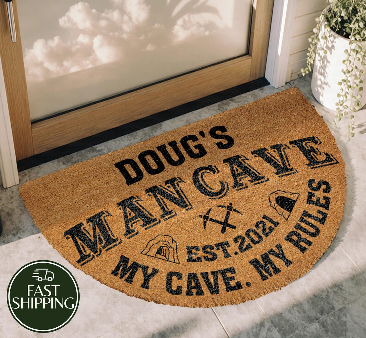 Custom Name & Date Man Cave Welcome Mat, My Cave My Rules Half Moon Doormat