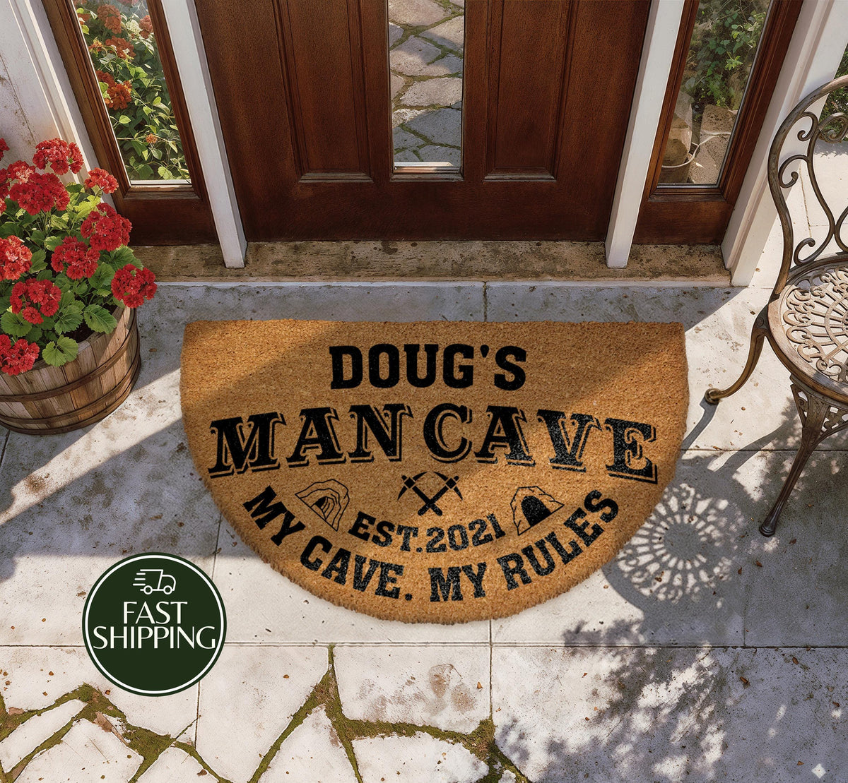 Custom Name & Date Man Cave Welcome Mat, My Cave My Rules Half Moon Doormat