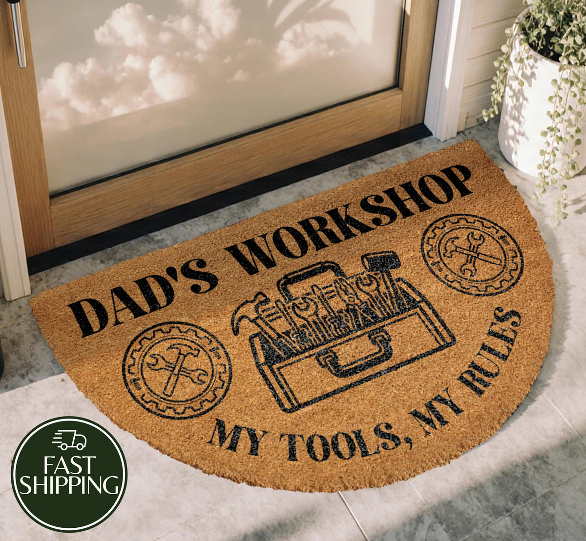 My Tools My Rules Doormat, Dad's Workshop Half Moon Welcome Mat, Tool Kit Rustic Garage Decor