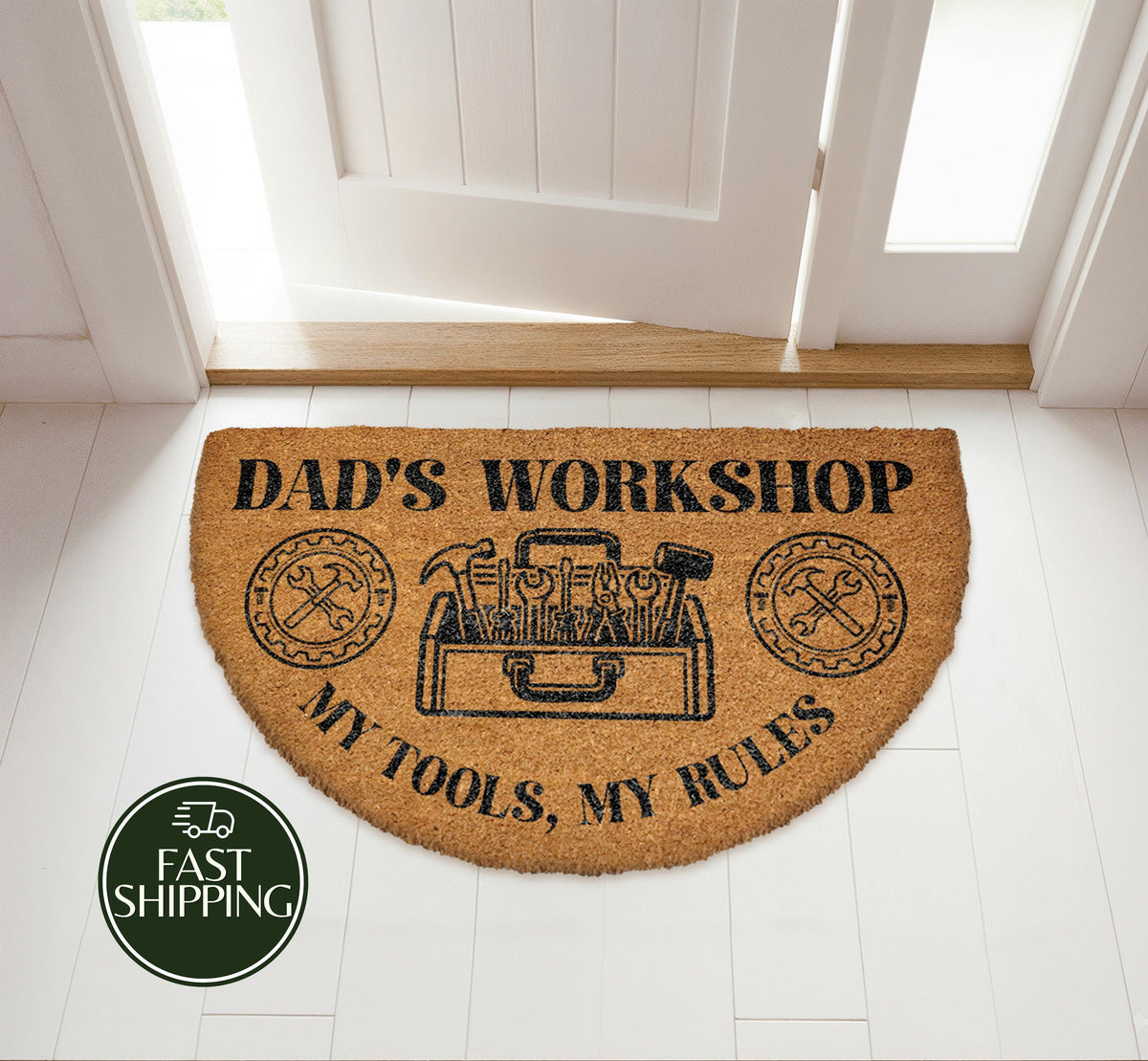 My Tools My Rules Doormat, Dad's Workshop Half Moon Welcome Mat, Tool Kit Rustic Garage Decor