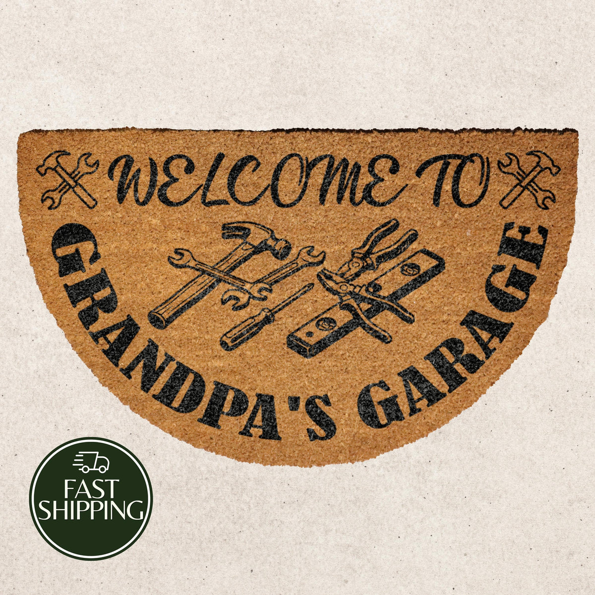 Grandpa's Garage Half Moon Doormat, Handyman Grandpa Workshop Welcome Mat