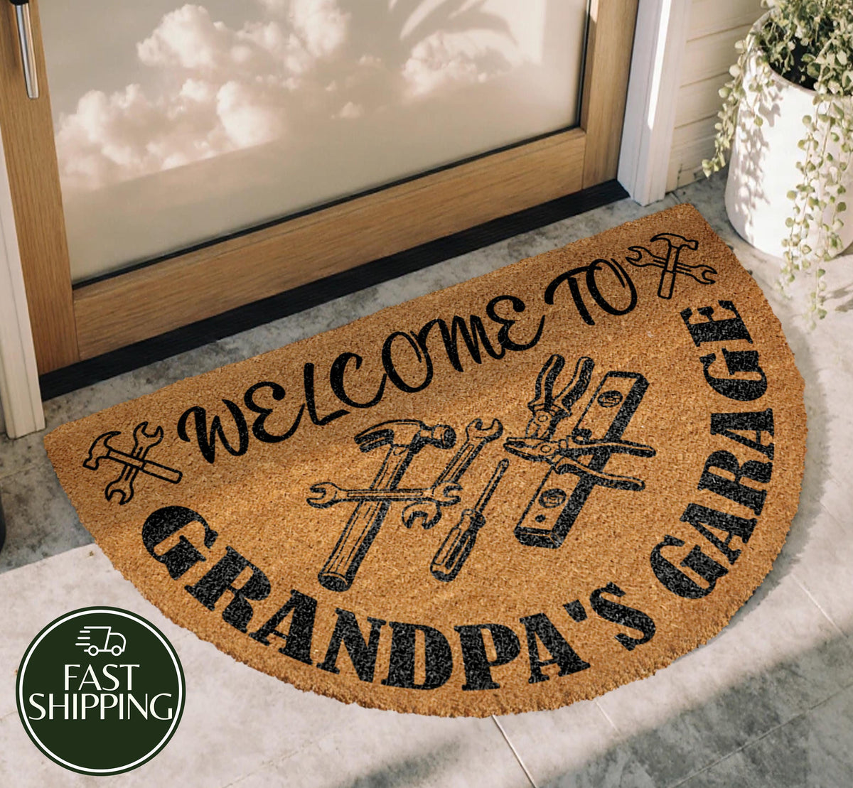 Grandpa's Garage Half Moon Doormat, Handyman Grandpa Workshop Welcome Mat