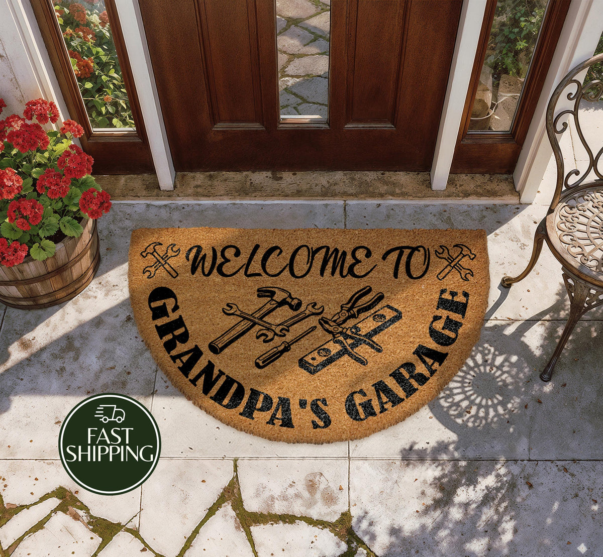 Grandpa's Garage Half Moon Doormat, Handyman Grandpa Workshop Welcome Mat