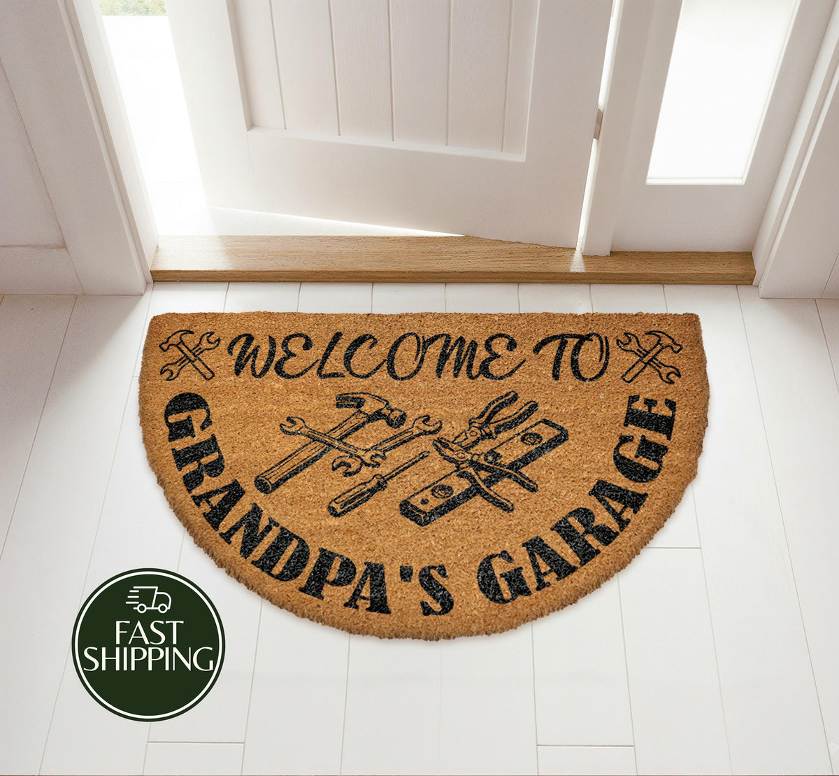Grandpa's Garage Half Moon Doormat, Handyman Grandpa Workshop Welcome Mat