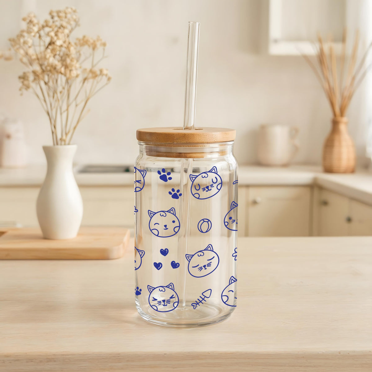 Cat Face & Small Hearts Doodle Can Glass Tumbler, Cute Cat Mom Iced Coffee Cup