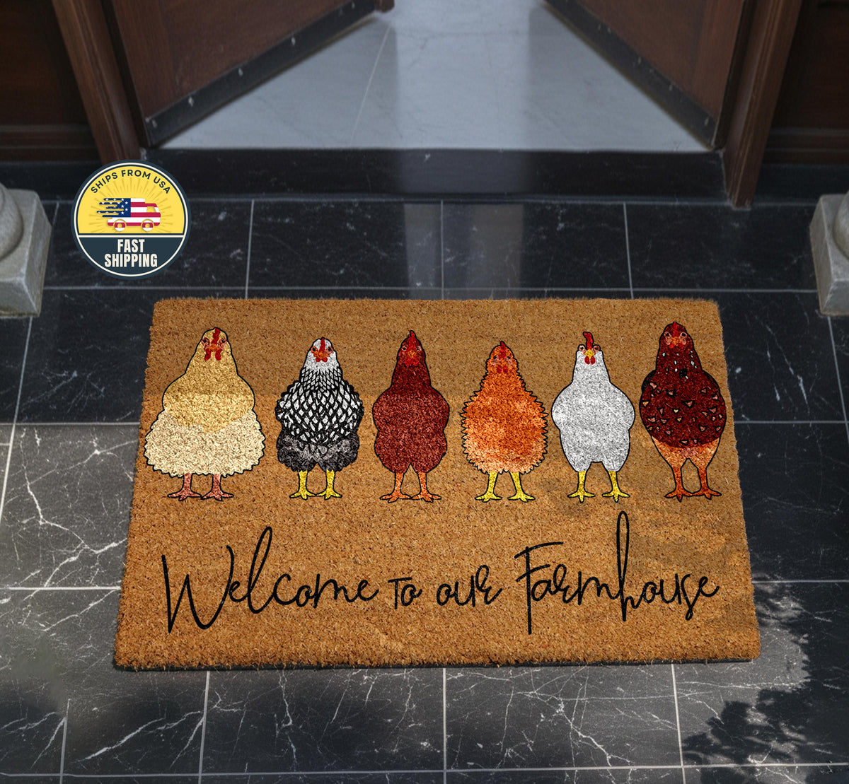 Welcome To Our Farmhouse Coir Doormat, Cute Chickens Farmhouse Doormat, Rustic Welcome Mat