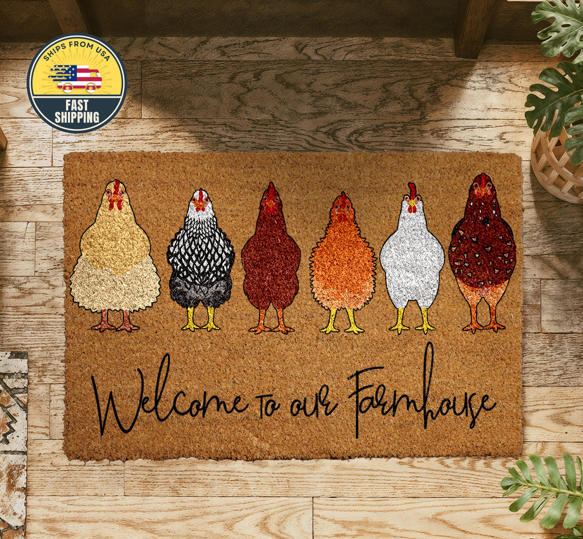 Welcome To Our Farmhouse Coir Doormat, Cute Chickens Farmhouse Doormat, Rustic Welcome Mat
