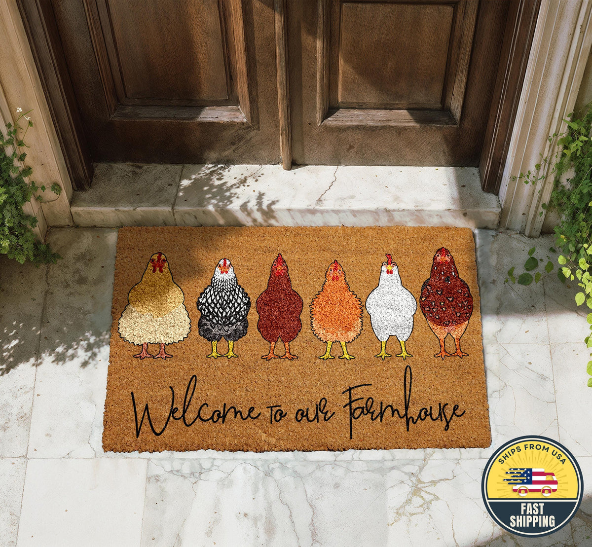 Welcome To Our Farmhouse Coir Doormat, Cute Chickens Farmhouse Doormat, Rustic Welcome Mat