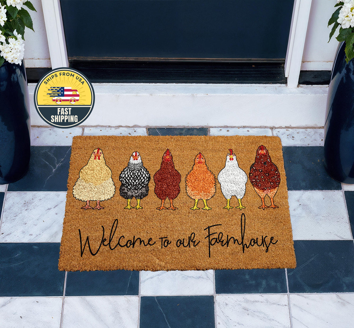 Welcome To Our Farmhouse Coir Doormat, Cute Chickens Farmhouse Doormat, Rustic Welcome Mat