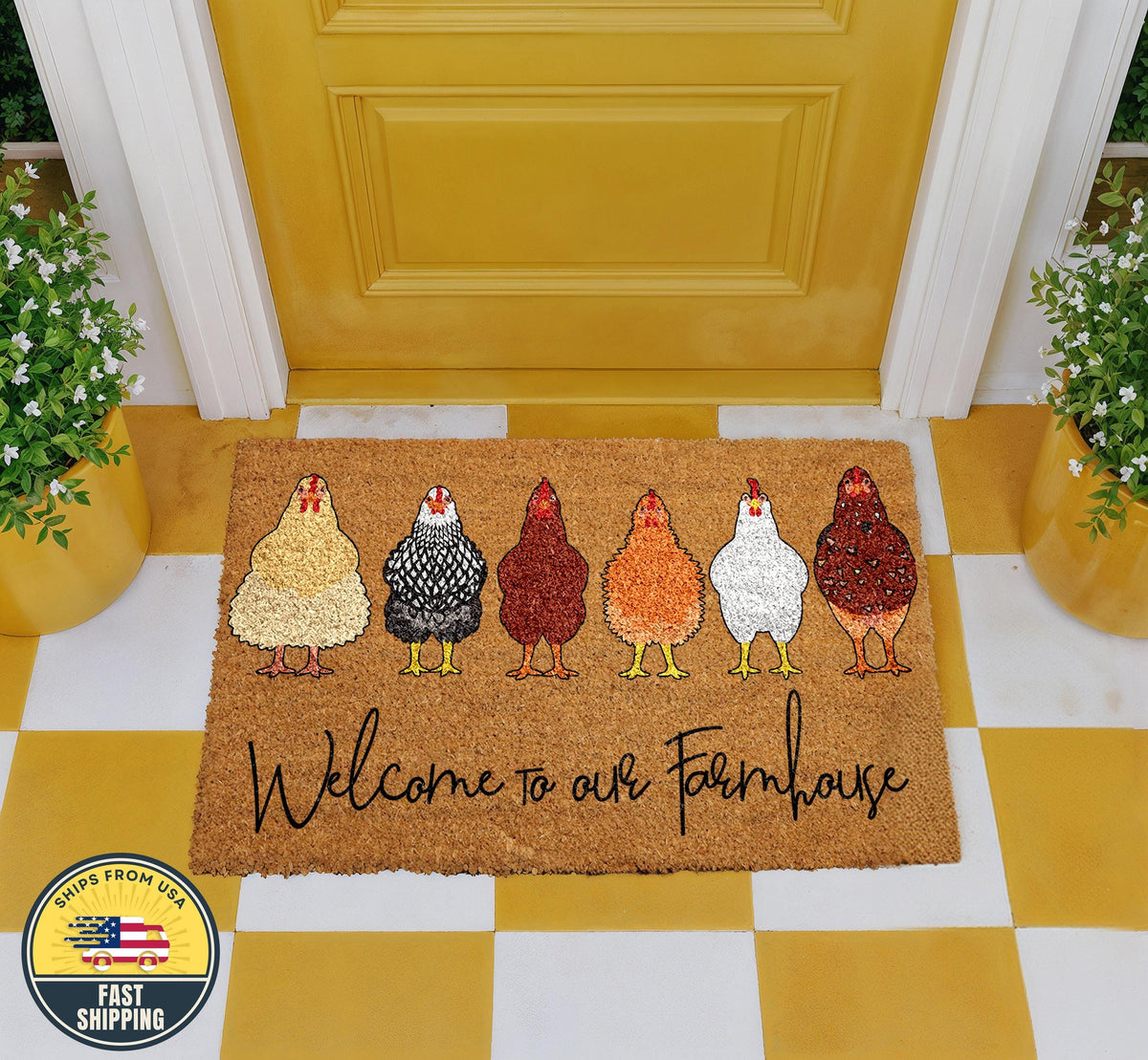 Welcome To Our Farmhouse Coir Doormat, Cute Chickens Farmhouse Doormat, Rustic Welcome Mat