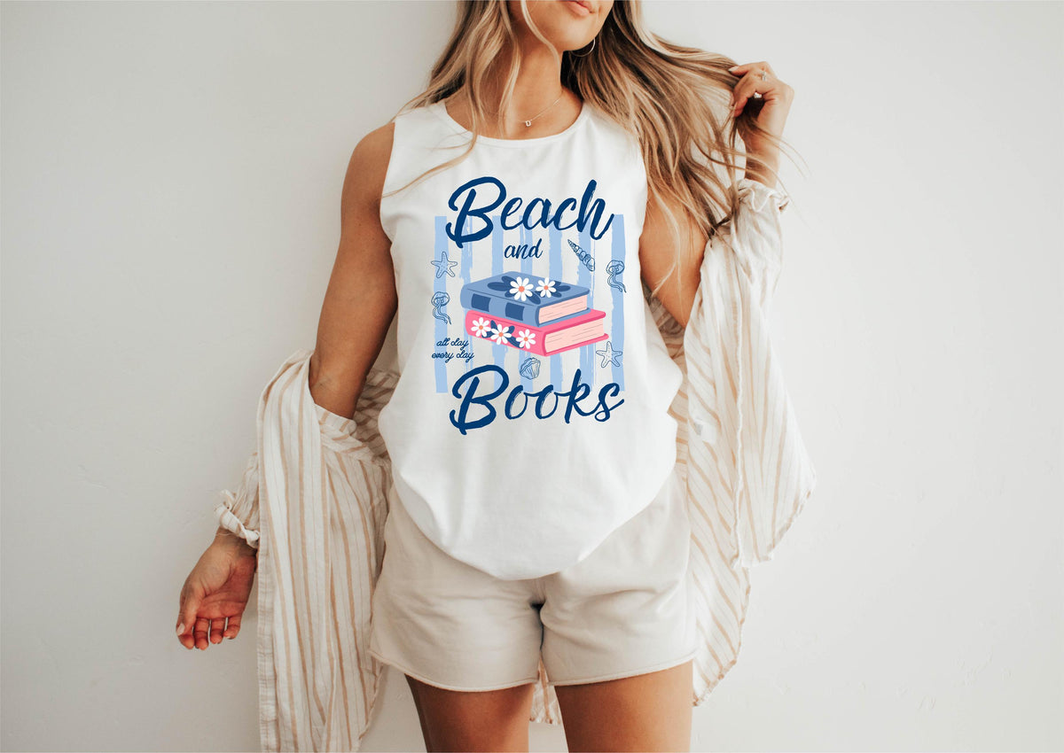 Beach And Books Tank Top, Comfort Colors® Summer Reading Tops, Bookish Tee, Coastal Book Lover Gift