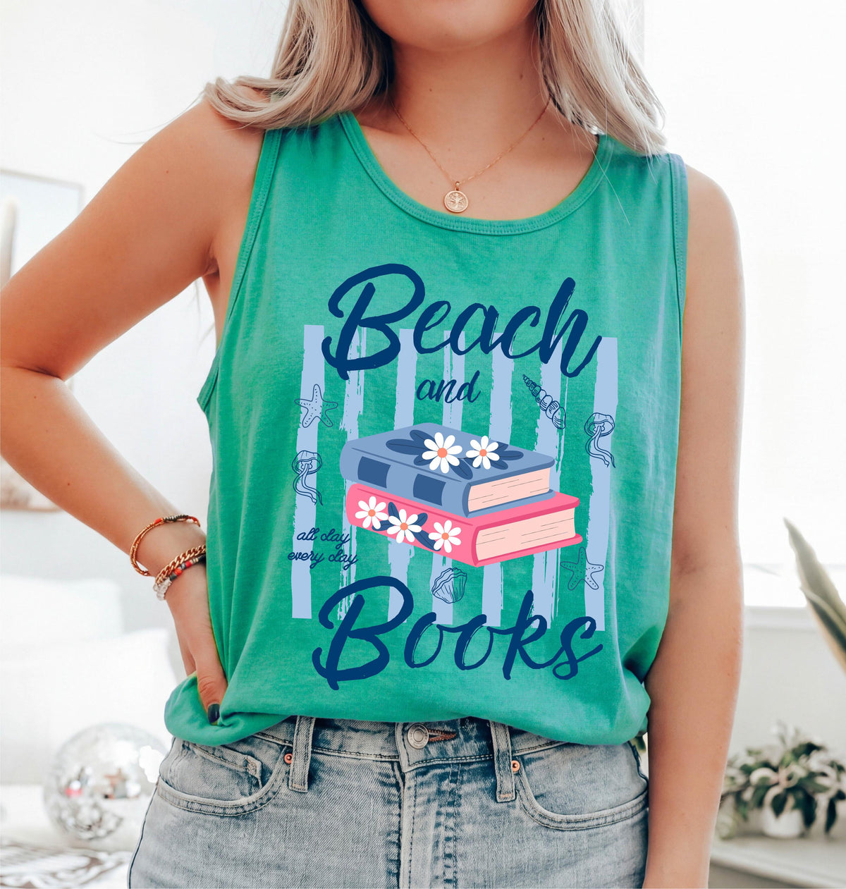Beach And Books Tank Top, Comfort Colors® Summer Reading Tops, Bookish Tee, Coastal Book Lover Gift