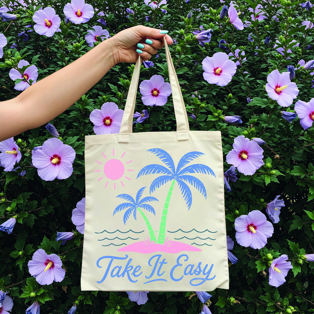 Take It Easy Beach Tote Bag, Palm Tree Summer Tote, Tropical Vacation Bag, Canvas Beach Bag, Beach Lover Gift