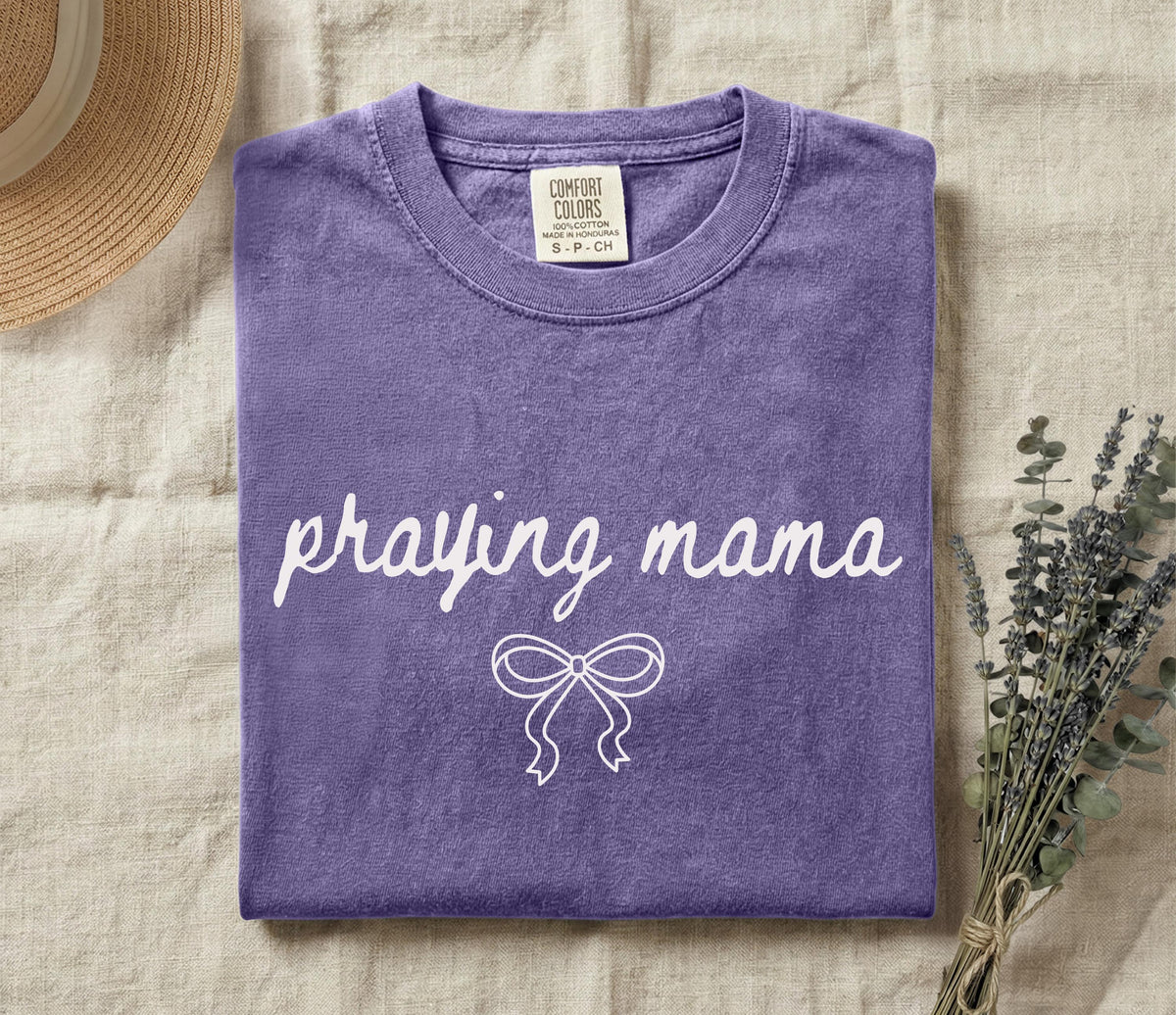 Comfort Colors® Praying Mama T-Shirt, Coquette Bow Faith Based Shirt, Christian Women Tee