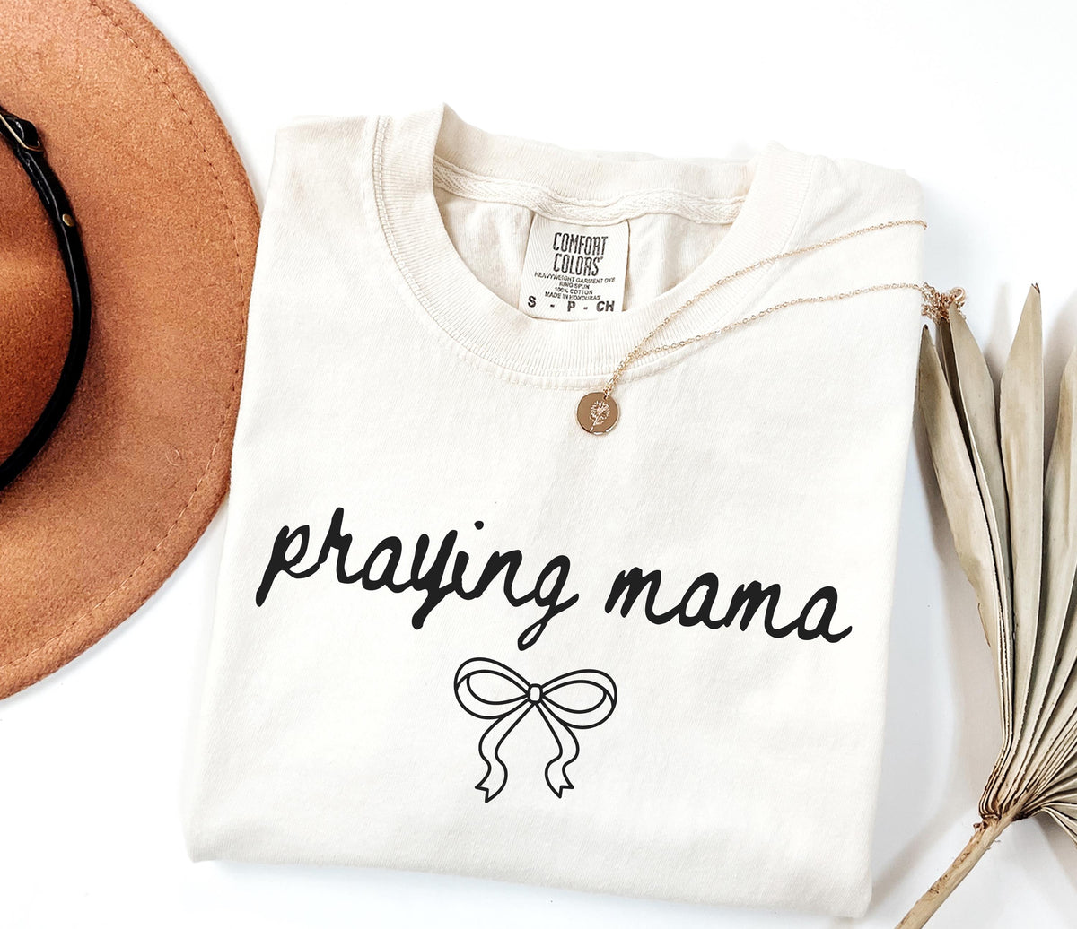 Comfort Colors® Praying Mama T-Shirt, Coquette Bow Faith Based Shirt, Christian Women Tee