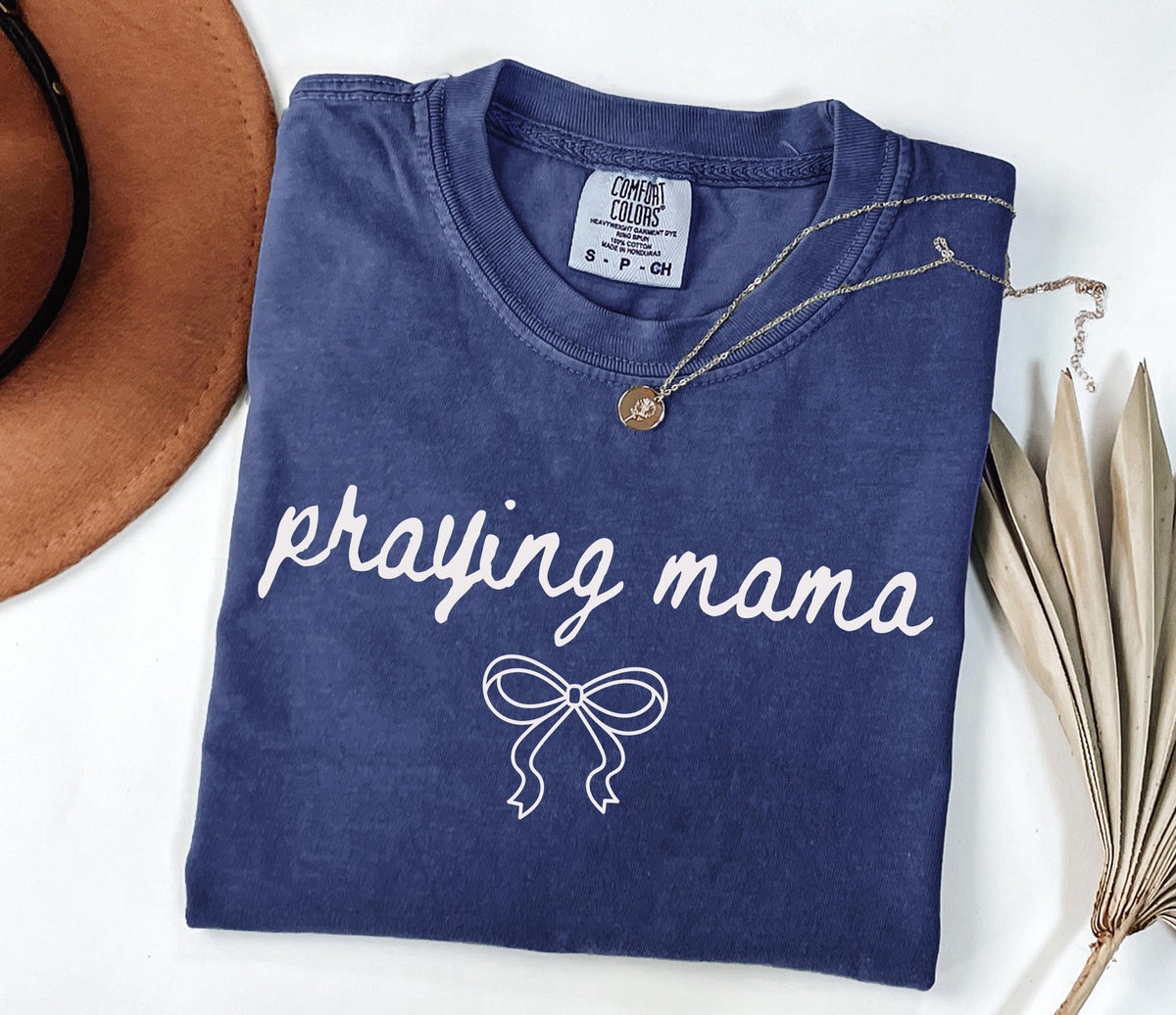 Comfort Colors® Praying Mama T-Shirt, Coquette Bow Faith Based Shirt, Christian Women Tee