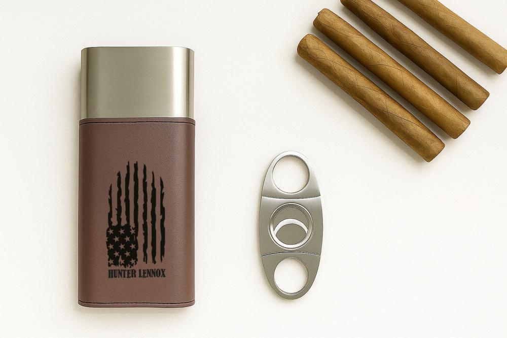 Engraved Vegan Leather Cigar Case with Cutter, Personalized Gift for Him