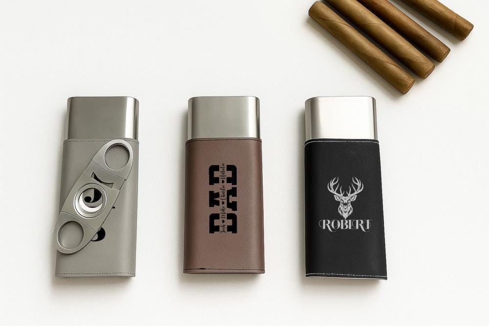 Engraved Vegan Leather Cigar Case with Cutter, Personalized Gift for Him