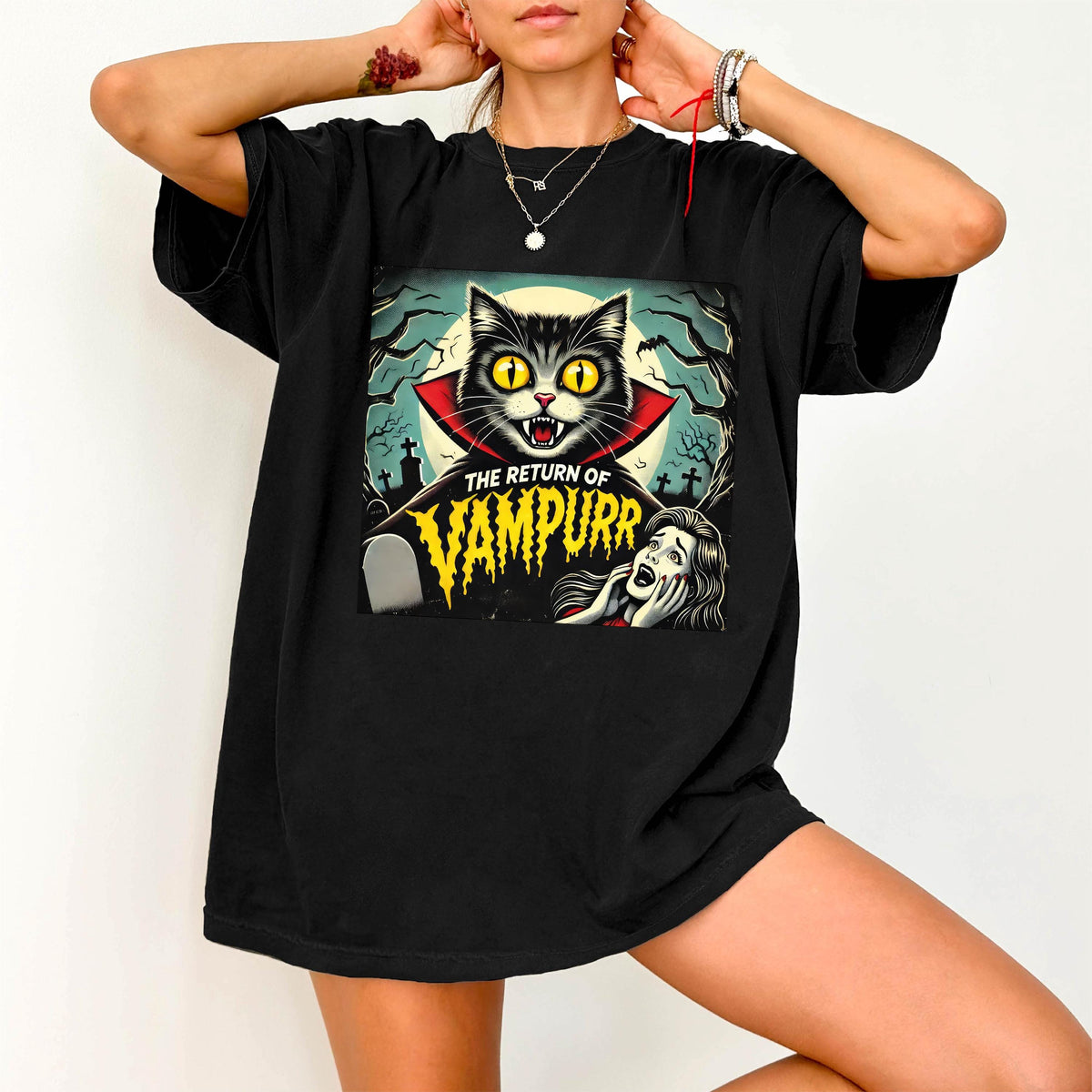 Comfort Colors® Funny Halloween Cat Shirt, Vampurr Cat Horror Tee, Retro Black Cat T-shirt, Spooky Cat Lover Gift