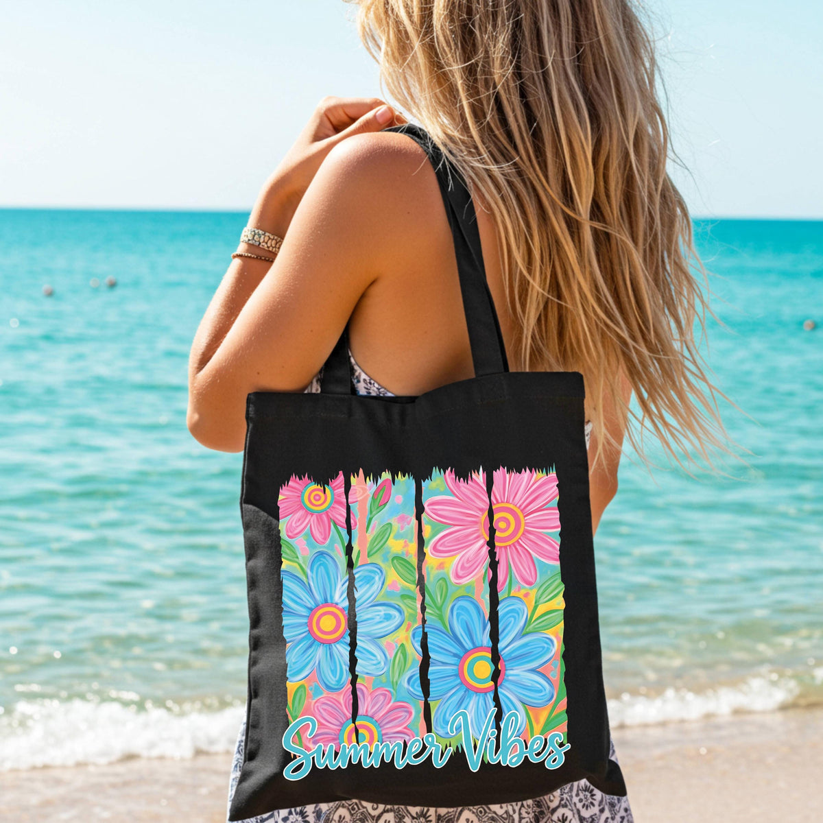 Summer Vibes Tote Bag, Floral Beach Tote, Summer Lover Gift Bag