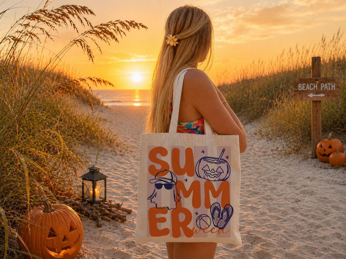 Spooky Summer Tote Bag, Halloween Beach Tote, Ghost Pumpkin Canvas Bag, Summer Halloween Tote, Beach Vacation Bag
