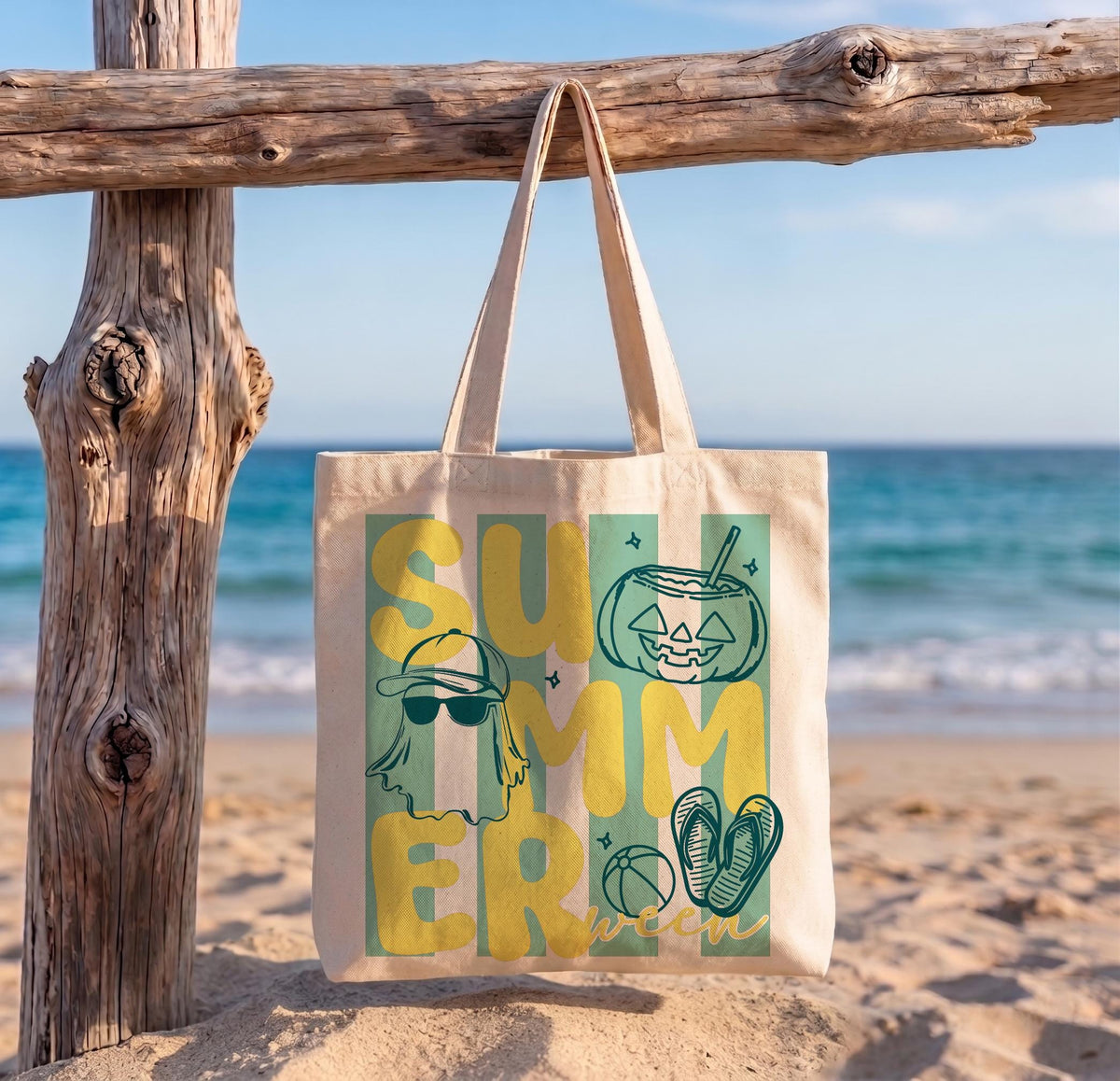 Spooky Summer Tote Bag, Halloween Beach Tote, Ghost Pumpkin Canvas Bag, Summer Halloween Tote, Beach Vacation Bag