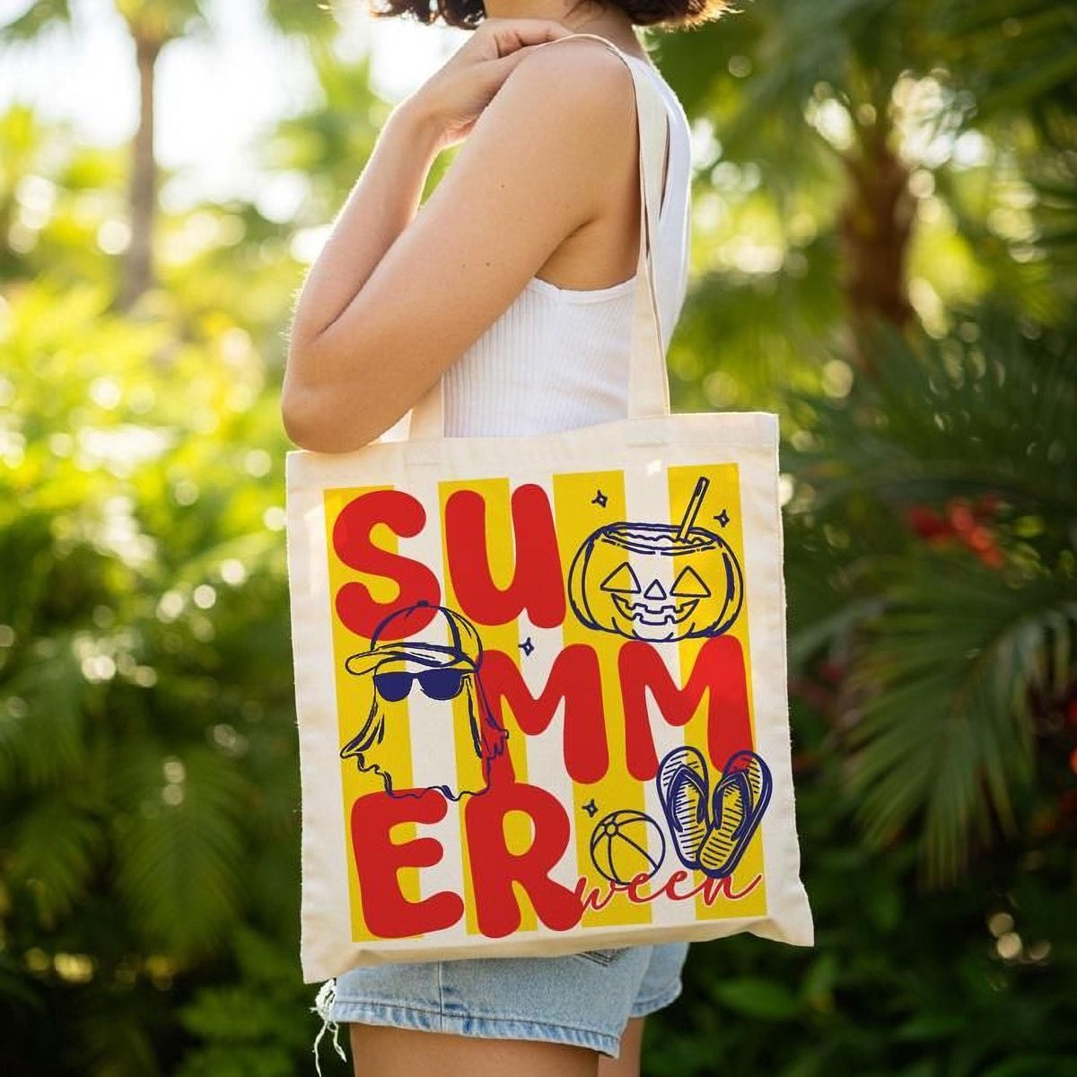 Spooky Summer Tote Bag, Halloween Beach Tote, Ghost Pumpkin Canvas Bag, Summer Halloween Tote, Beach Vacation Bag