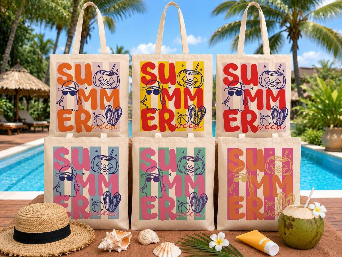 Spooky Summer Tote Bag, Halloween Beach Tote, Ghost Pumpkin Canvas Bag, Summer Halloween Tote, Beach Vacation Bag