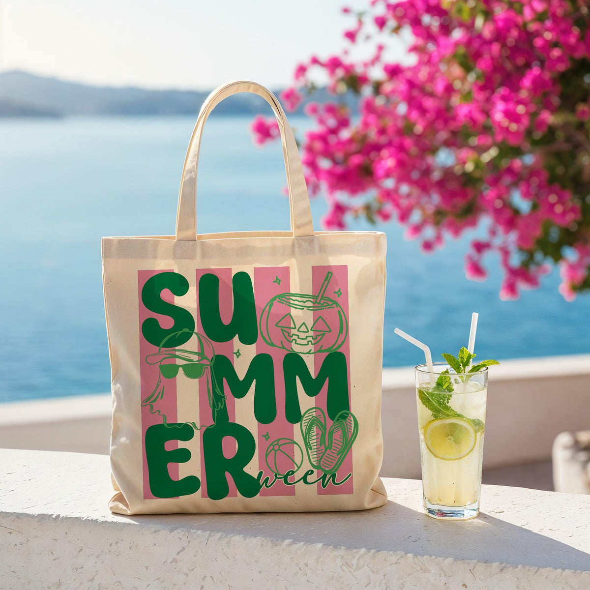 Spooky Summer Tote Bag, Halloween Beach Tote, Ghost Pumpkin Canvas Bag, Summer Halloween Tote, Beach Vacation Bag